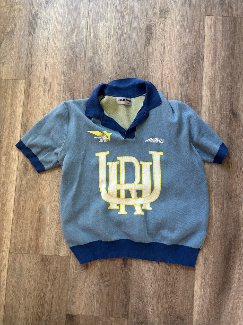 Zara Rhuigi Blue Polo Top with Yellow Logo